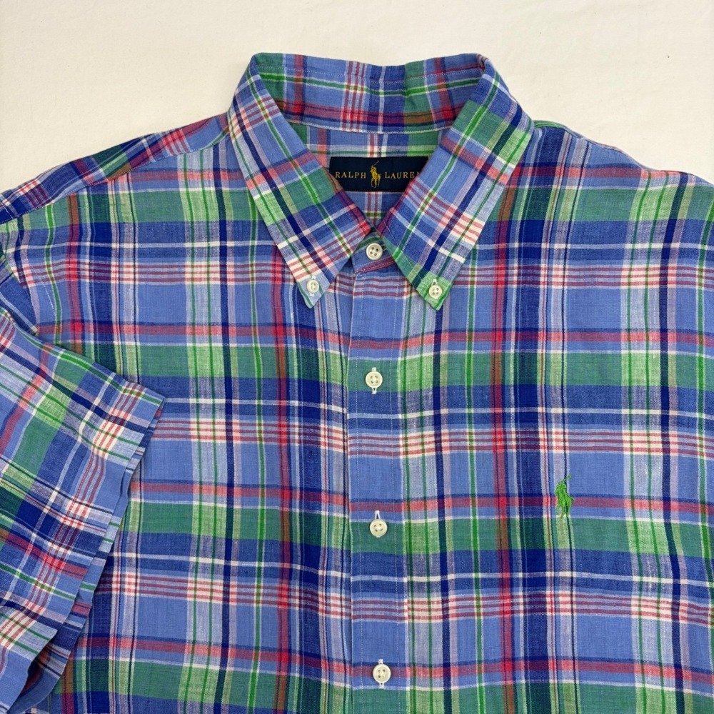 Ralph Lauren Linen Plaid Shirt XL Preppy Blue Button Down Short Sleeve Mens Top - Picture 3 of 11